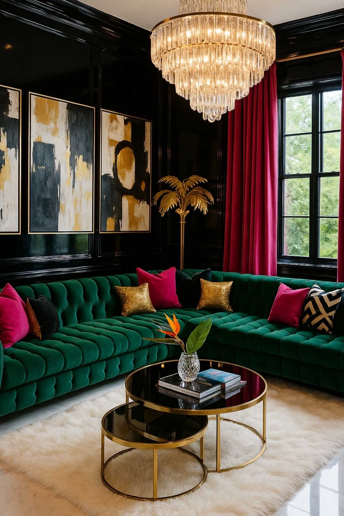Elegant living room with a plush emerald sectional, gold accents, layered artwork, and a crystal chandelier.
