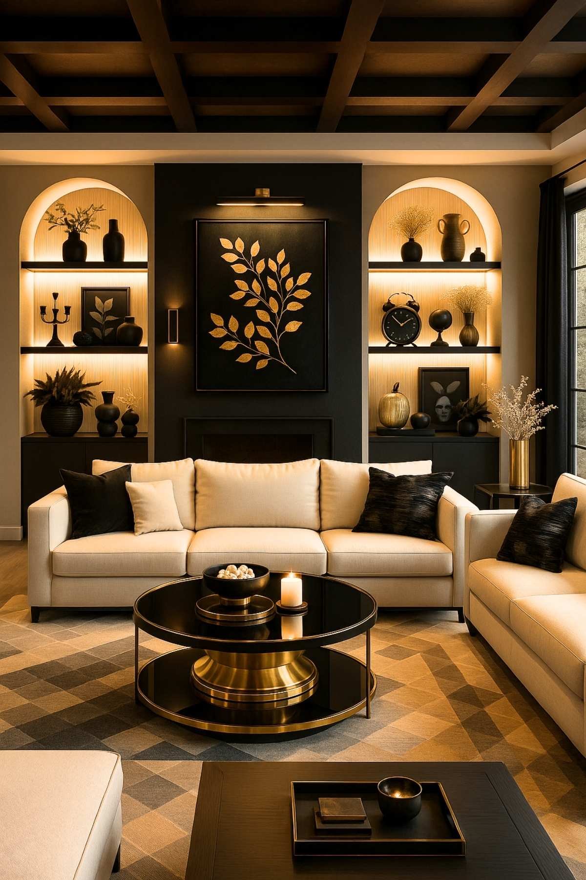 Light-filled modern contemporary living room with taupe sofa, beige walls, and wooden coffee table.