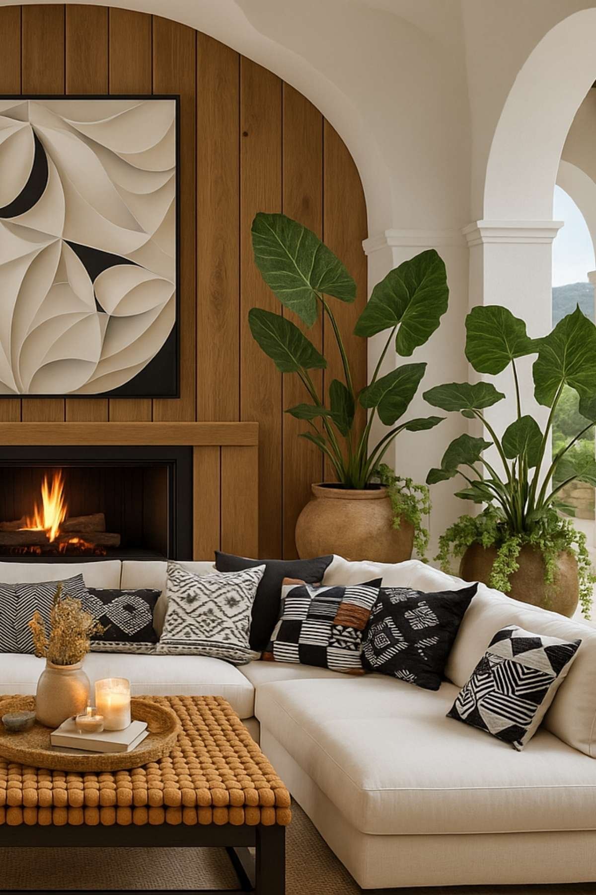 Modern contemporary living room with woven coffee table, wood-paneled wall, and sculptural fireplace art.