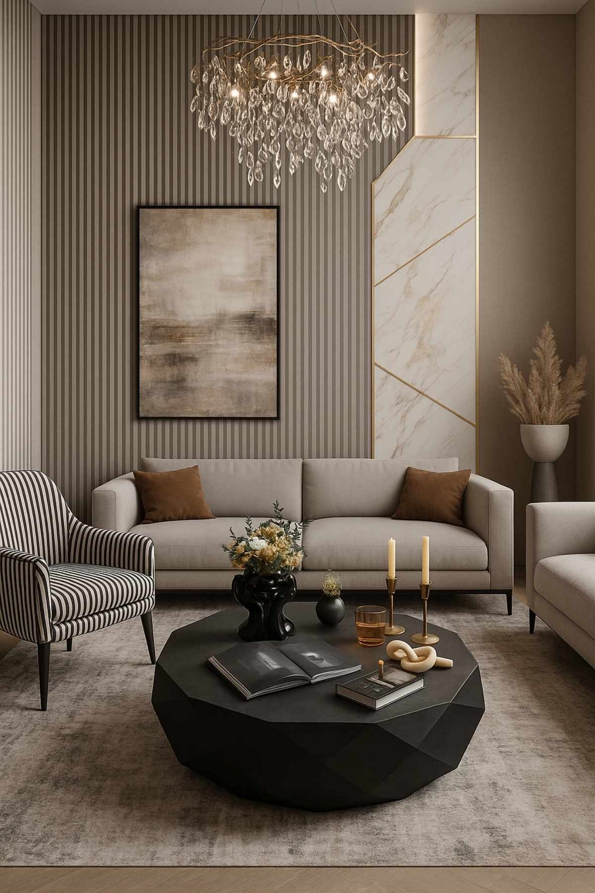 Modern contemporary living room with beige sofa, marble-accent wall, black faceted coffee table, and crystal chandelier.