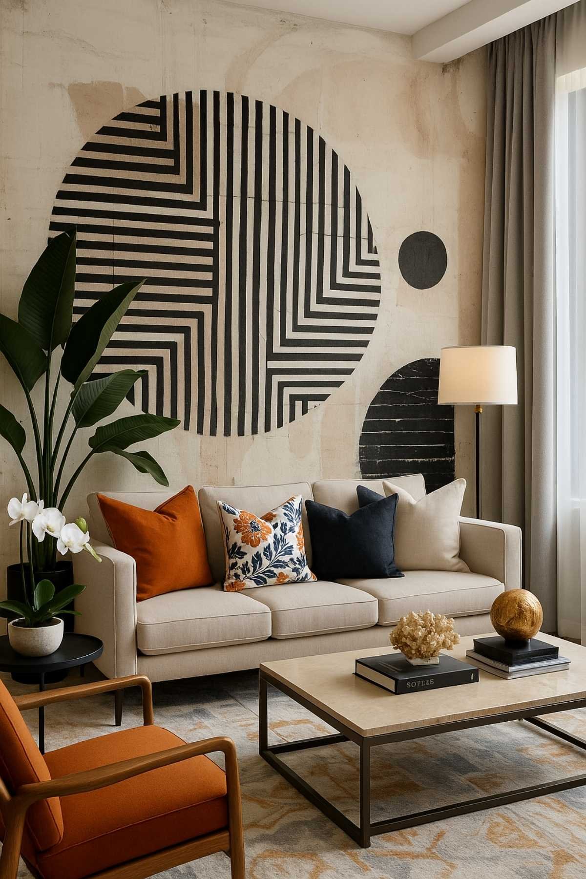 Modern contemporary living room with bold black-and-white circular wall art, cream sofa, and burnt orange accents.