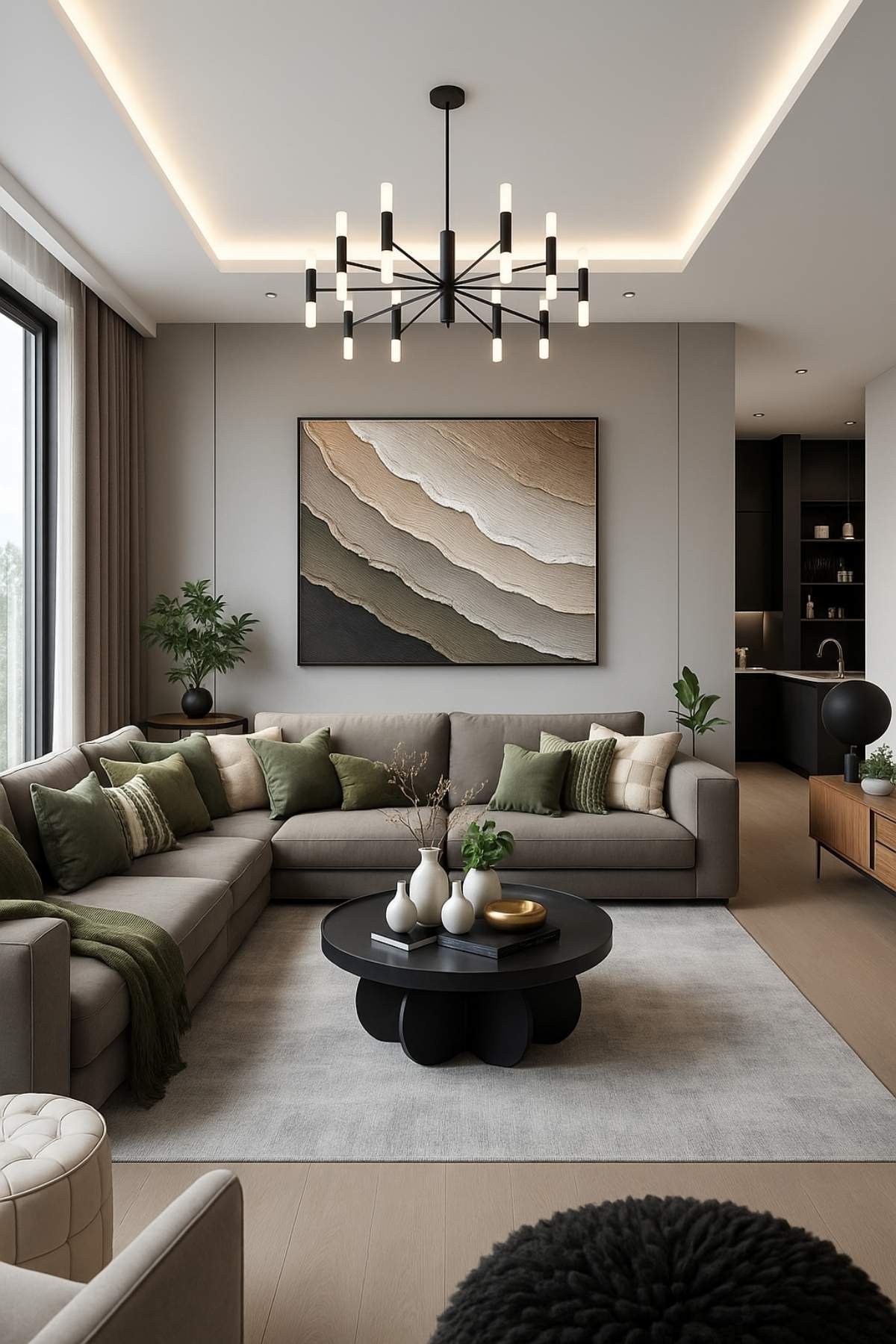Modern contemporary living room with grey-beige sectional, muted green cushions, wave-pattern wall art, and round black coffee table.
