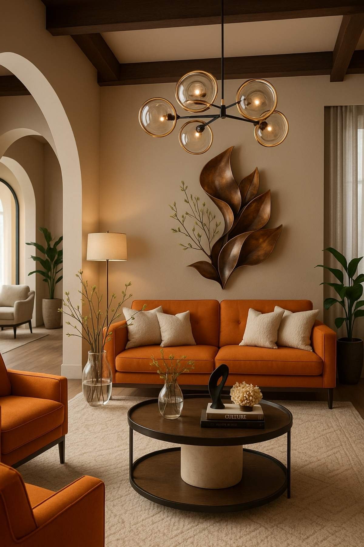 Modern contemporary living room with burnt orange sofa, bronze leaf wall art, and round black coffee table.