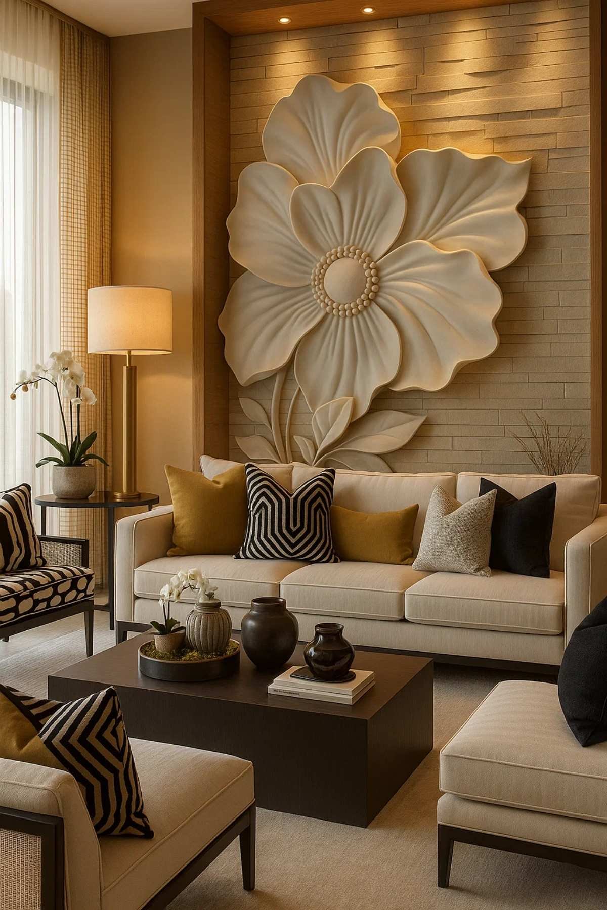 Modern contemporary living room with oversized sculpted flower wall art, neutral sofa, and mustard cushions.