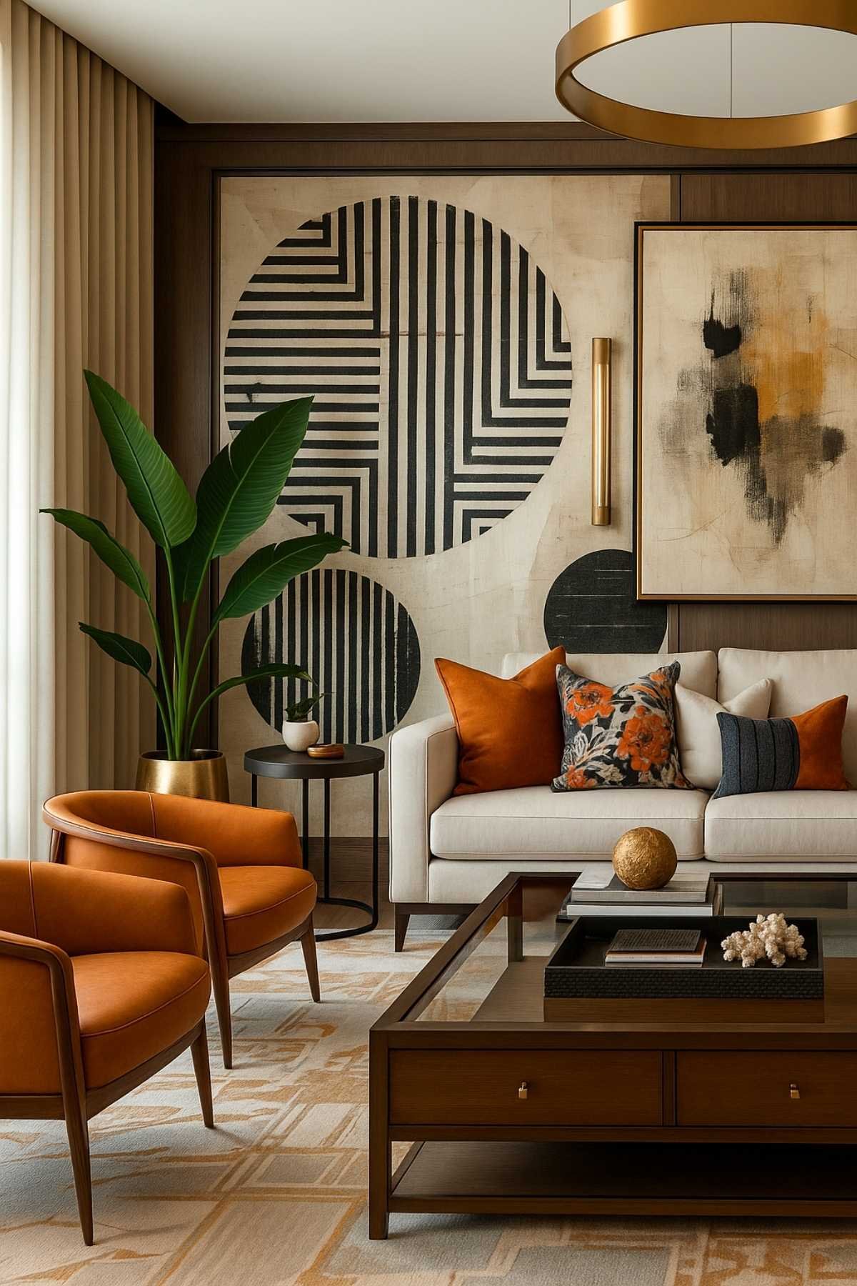 Modern contemporary living room with bold geometric black-and-white wall art, cream sofa, and burnt orange chairs.