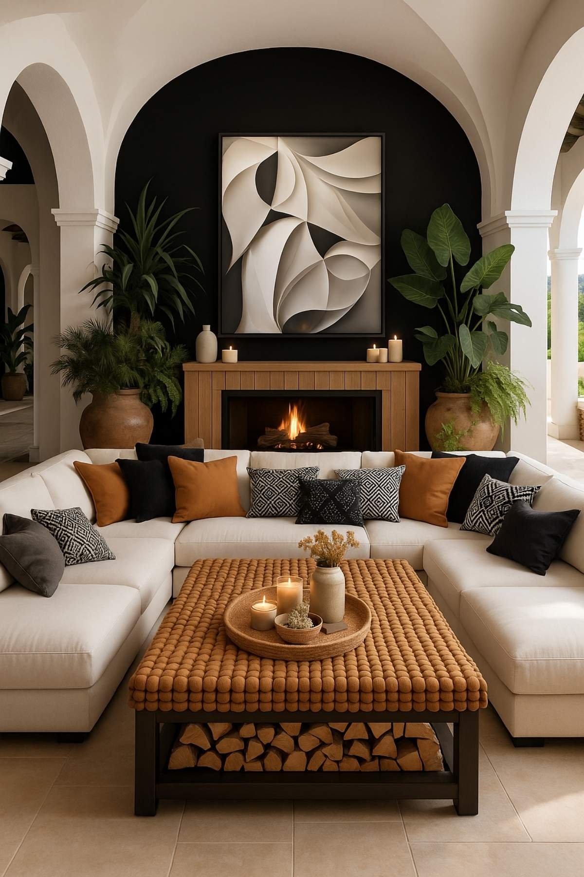 Modern contemporary living room with arched fireplace wall, woven coffee table, and warm ochre cushions.