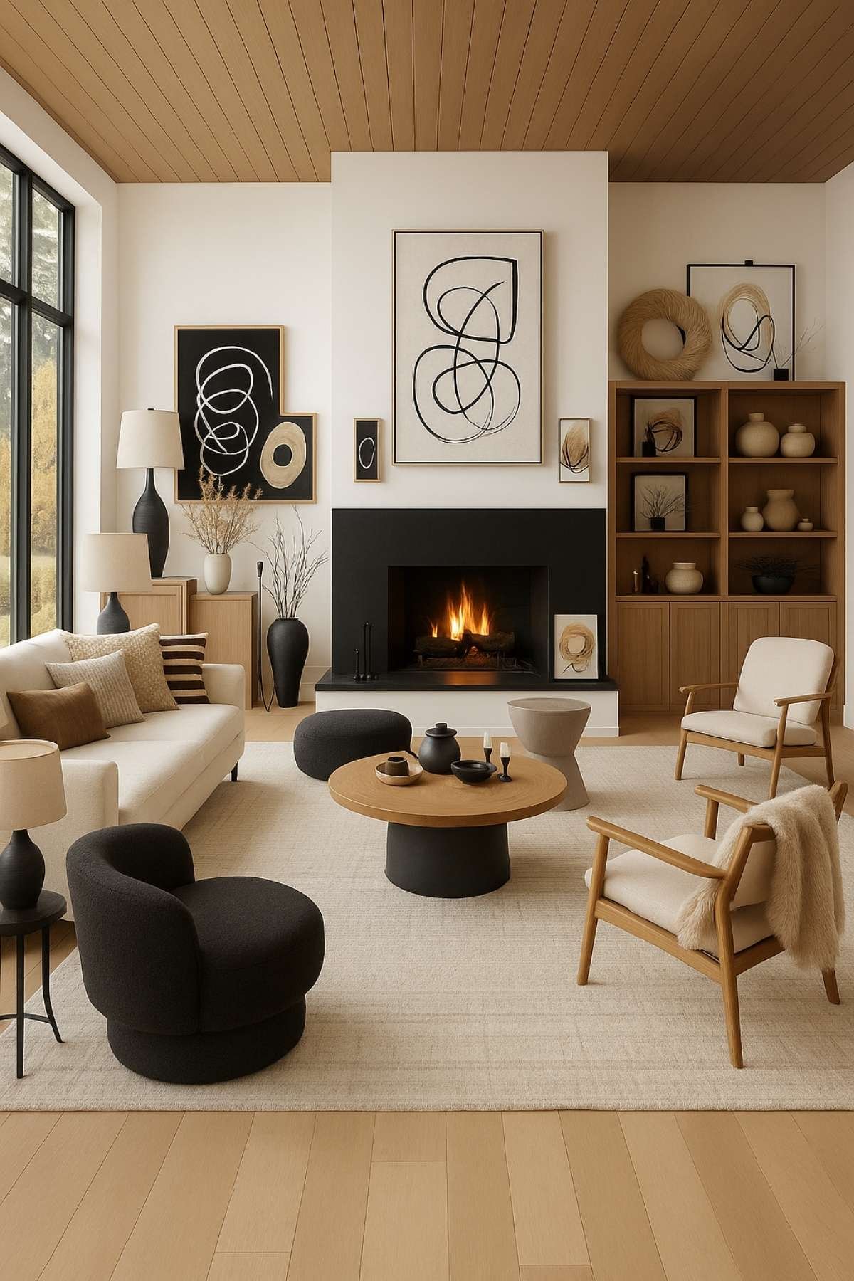 Modern contemporary living room with neutral sofa, wood ceiling, black fireplace, and abstract wall art.