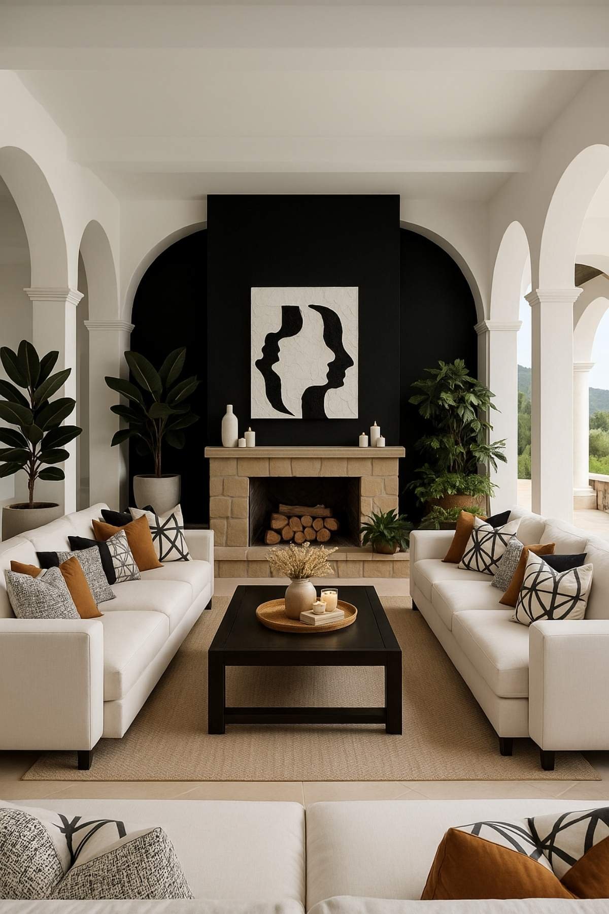 Modern contemporary living room with arched openings, black fireplace, twin white sofas, and greenery.