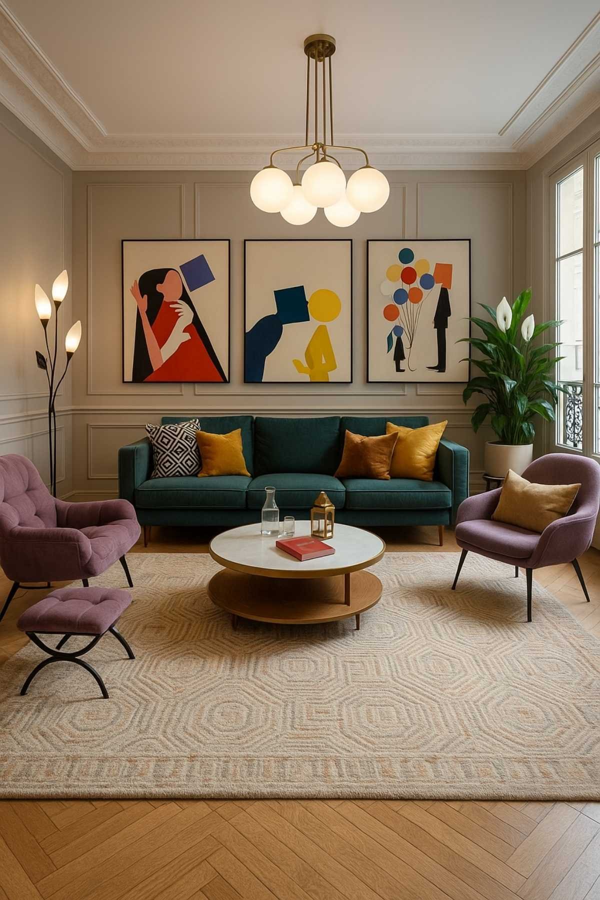 Modern contemporary living room with green sofa, colorful wall art, and round coffee table.