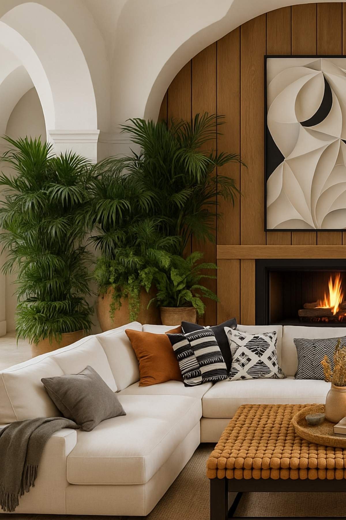 Modern contemporary living room with sectional sofa, wood-paneled fireplace wall, and woven coffee table.