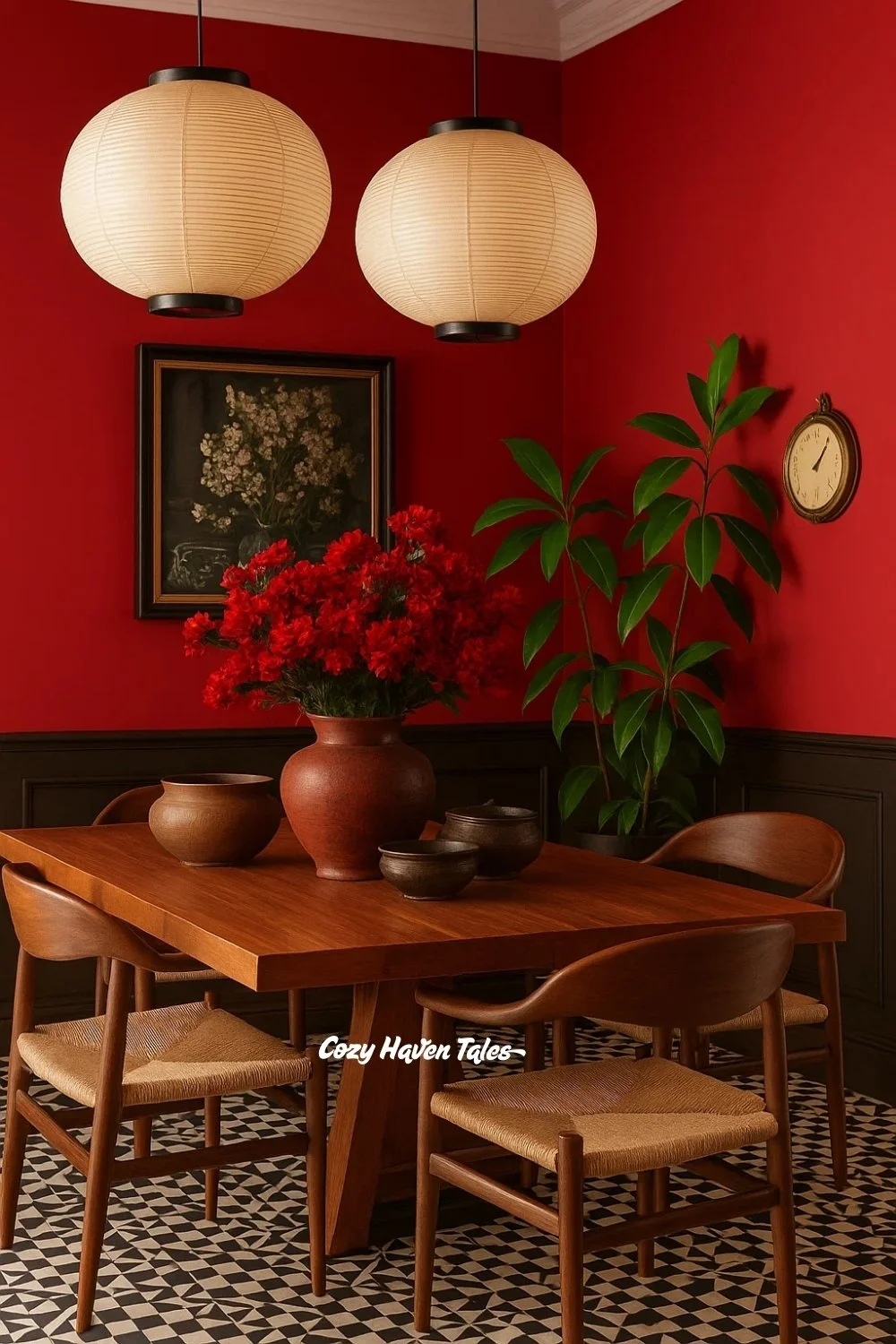 Bright red dining room with wooden furniture, black paneling, paper lanterns, and greenery for a lively, inviting atmosphere.