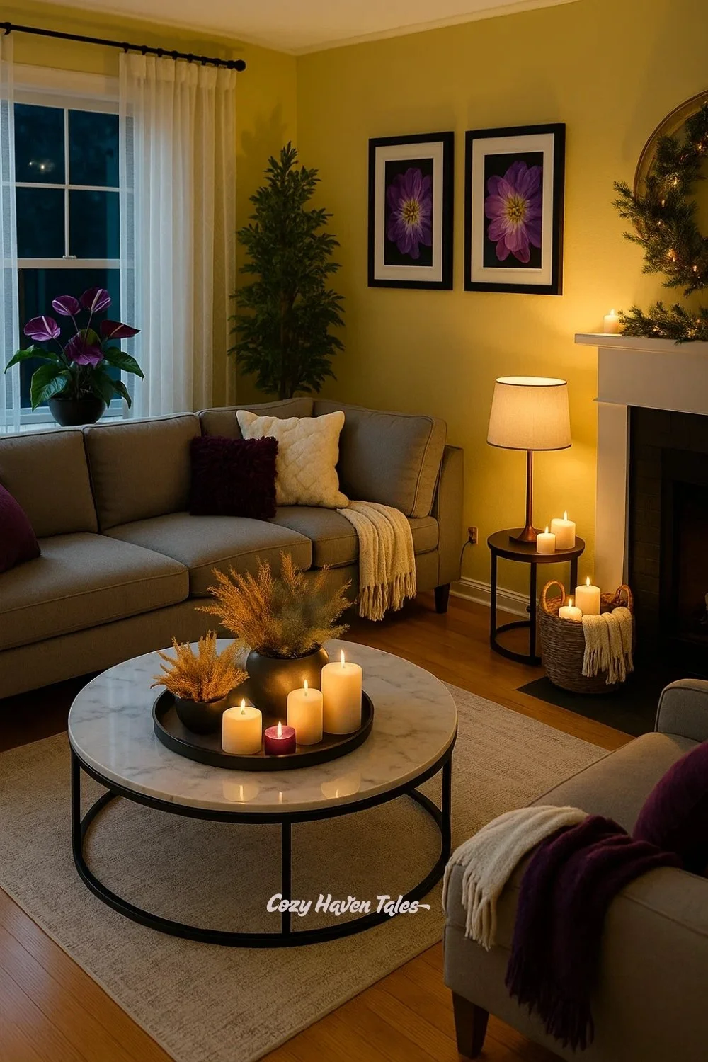 Cozy yellow living room with neutral sofa, purple accent cushions, glowing candles, and framed purple artwork above the fireplace.