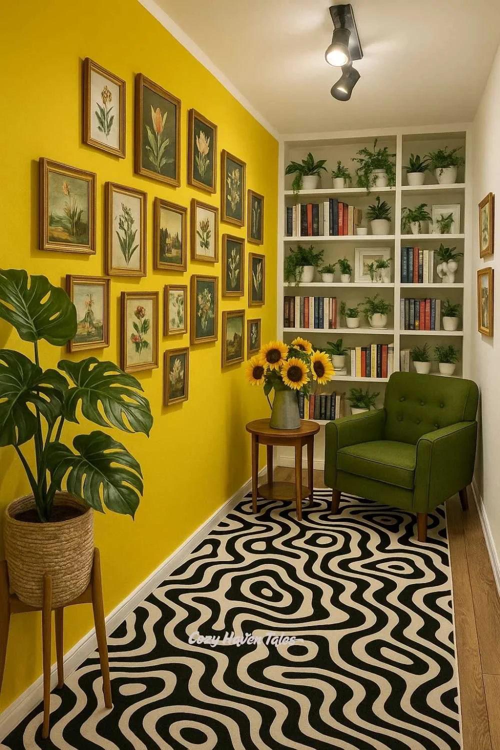 A narrow hallway with bold yellow walls, black-and-white patterned rug, green armchair, and a gallery of framed botanical artwork.