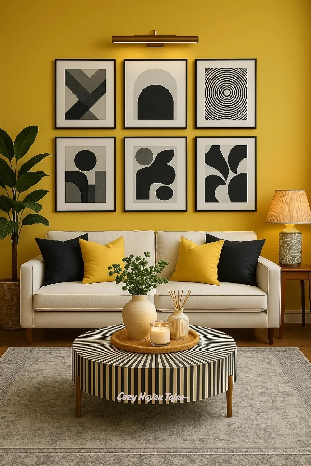 Modern living room with yellow accent wall, graphic black-and-white artwork, beige sofa, and a striped ottoman.