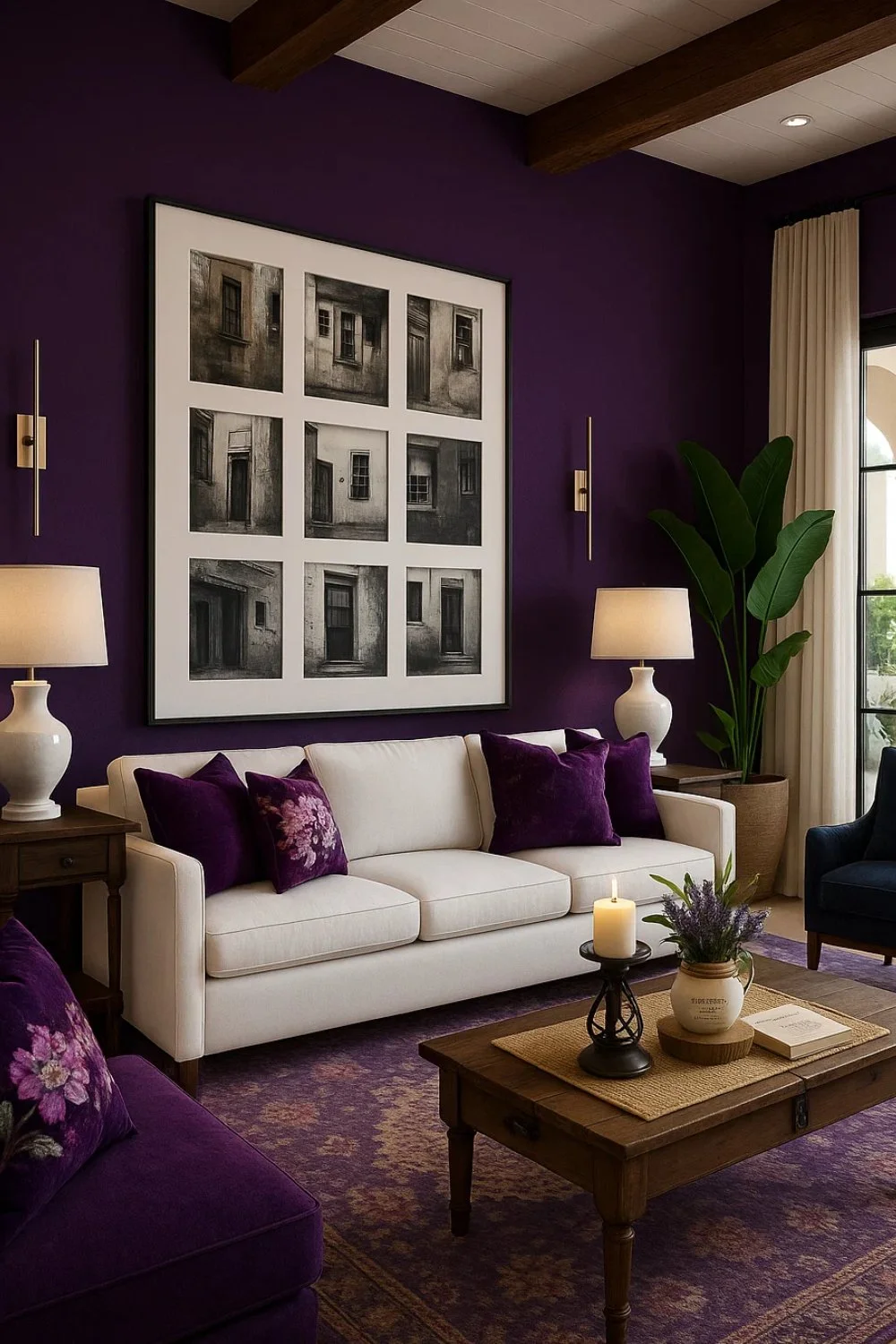 Living room with deep purple wall, neutral sofa, black-and-white gallery wall, and lavender accents.