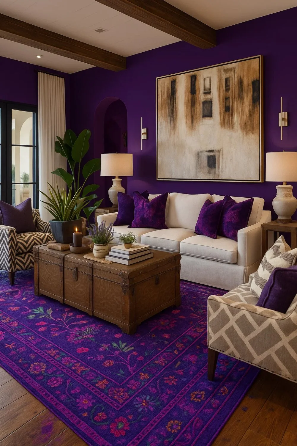 Purple living room with matching wall and rug, beige sofas, and purple cushions for a layered look.
