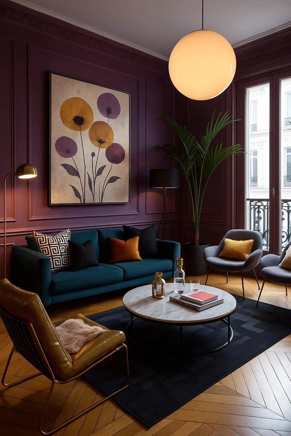 Modern living room with purple wall, teal sofa, golden accents, and oversized floral wall art.
