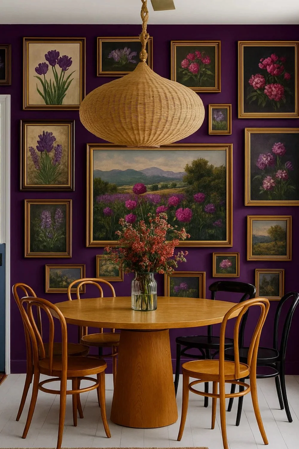 Purple dining room with floral gallery wall, rattan pendant light, and wooden dining set.