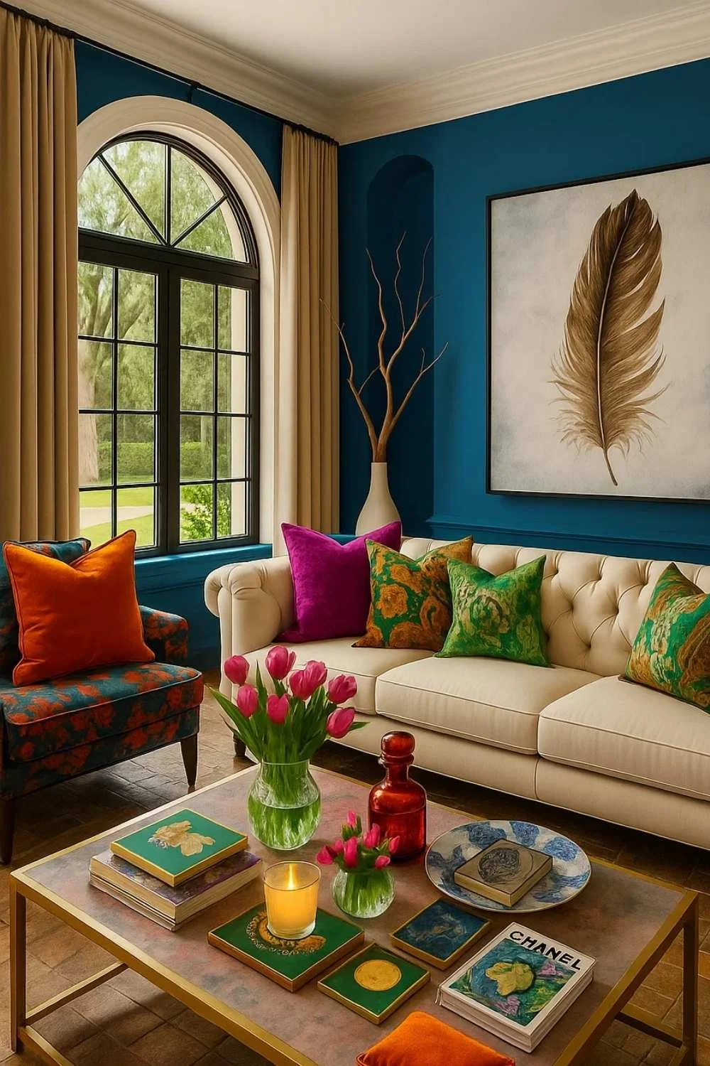 A living room with jewel-toned blue walls, bright orange and magenta cushions, an arched window, and feather artwork adding an earthy touch.
