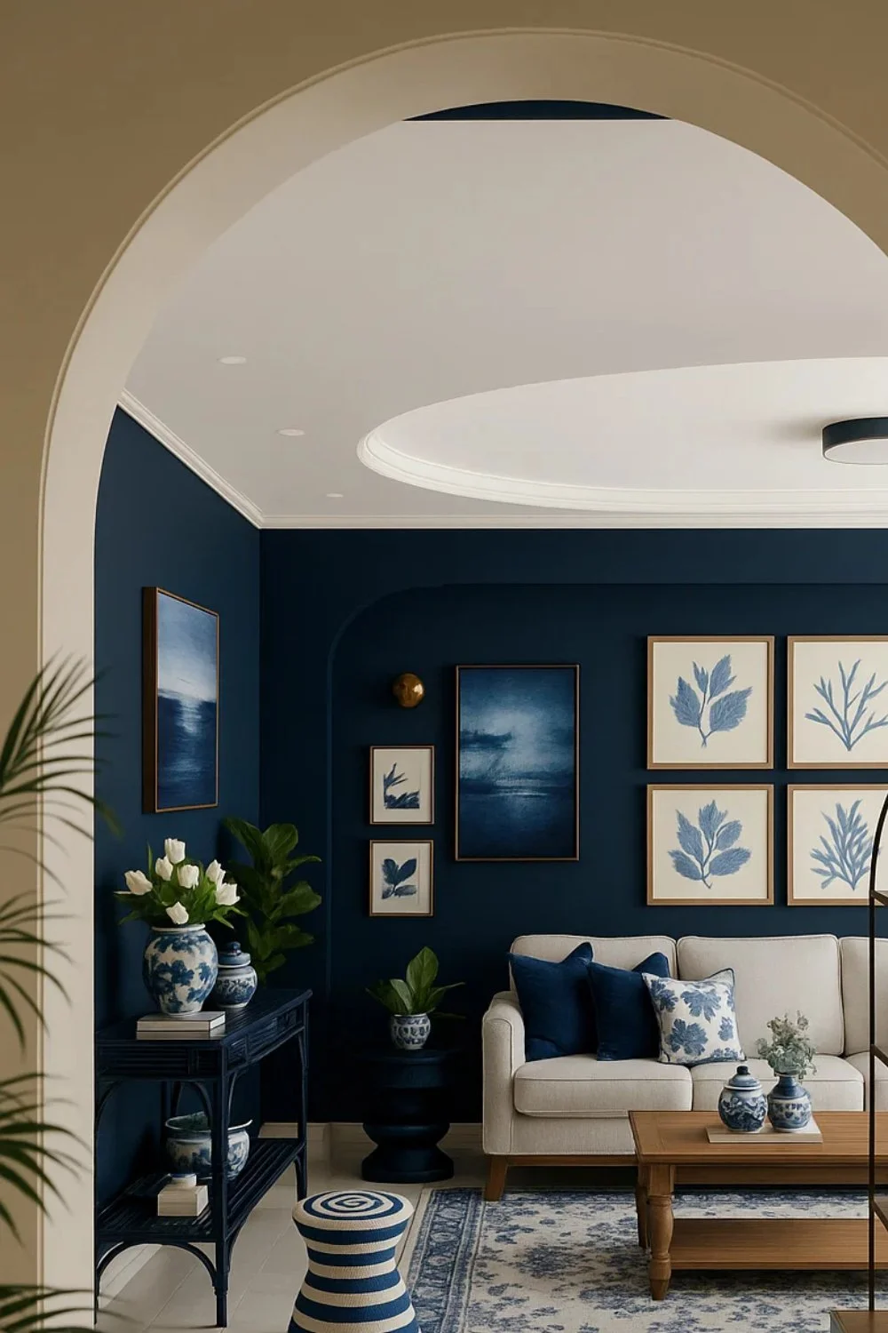 Elegant living room with navy blue walls, light-colored sofas, framed botanical prints, and an arched doorway with gold accents.