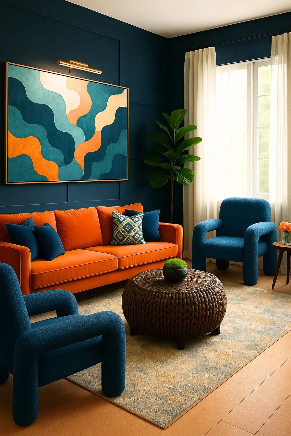 Bold living room with deep blue walls, an orange sofa, abstract wall art, and a round woven coffee table for contrast.