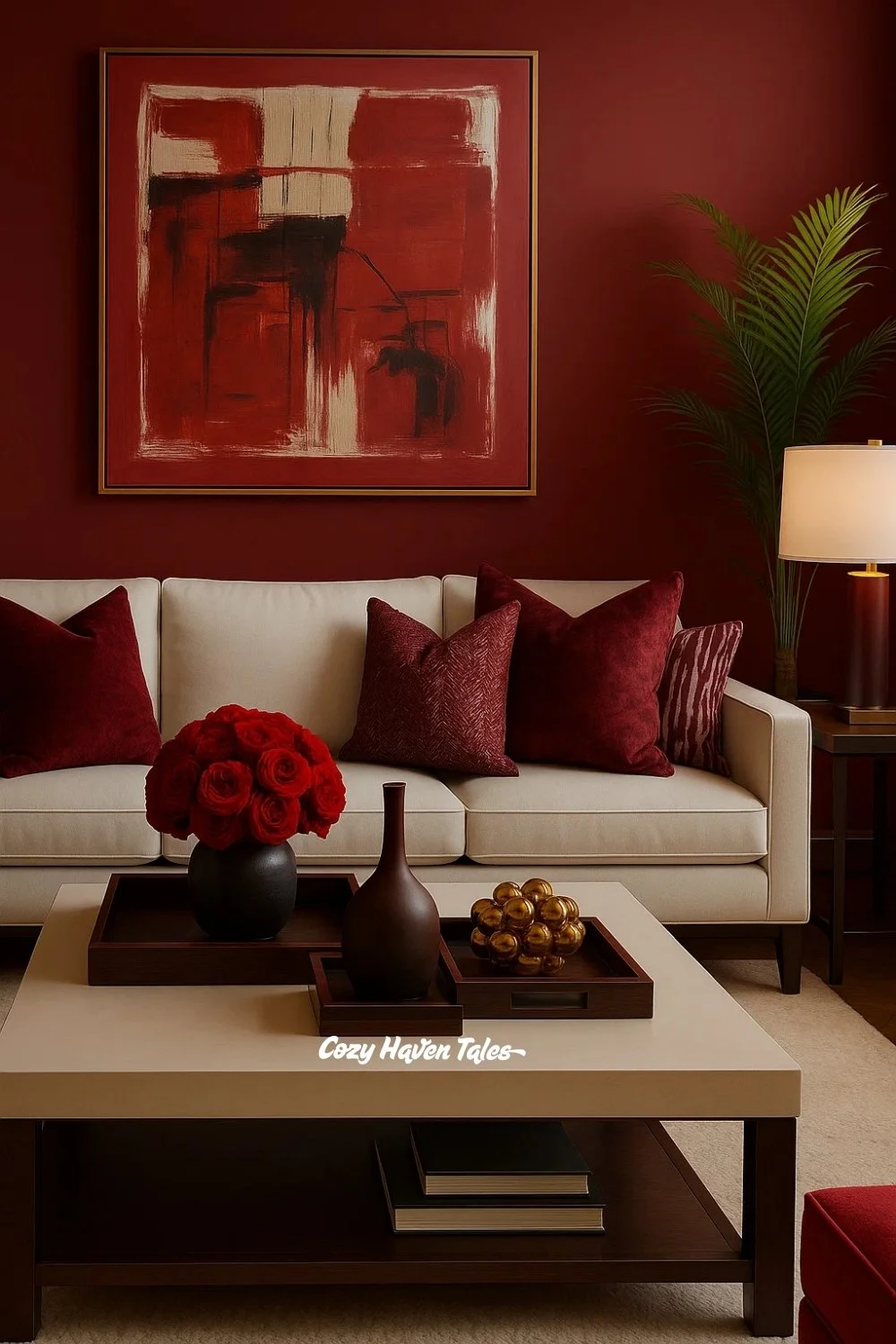 Wine red wall with a cream sofa and a large abstract painting, styled in a modern, minimal living room.