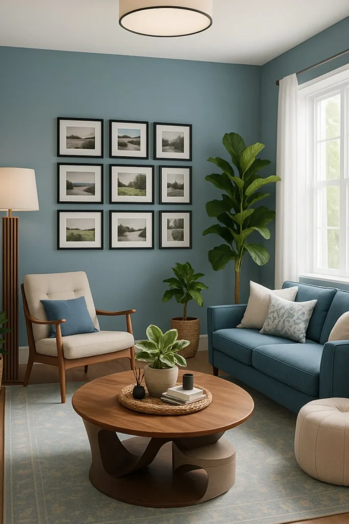Soft blue living room with a gallery wall of black-and-white photographs, a neutral sofa, wooden coffee table, and greenery in the corners.