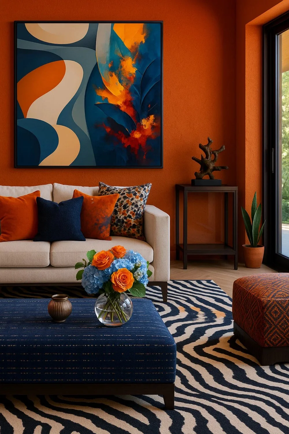 Vibrant living room with orange walls, blue ottoman, striped rug, and bold abstract artwork for a playful contrast.