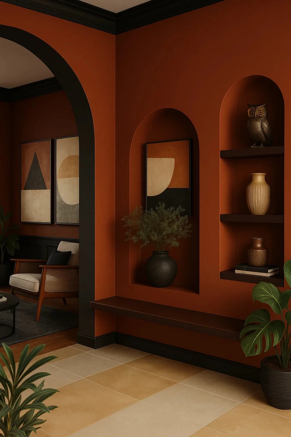 Hallway with terracotta orange walls, arched niches, and green plants creating a warm and welcoming transitional space.