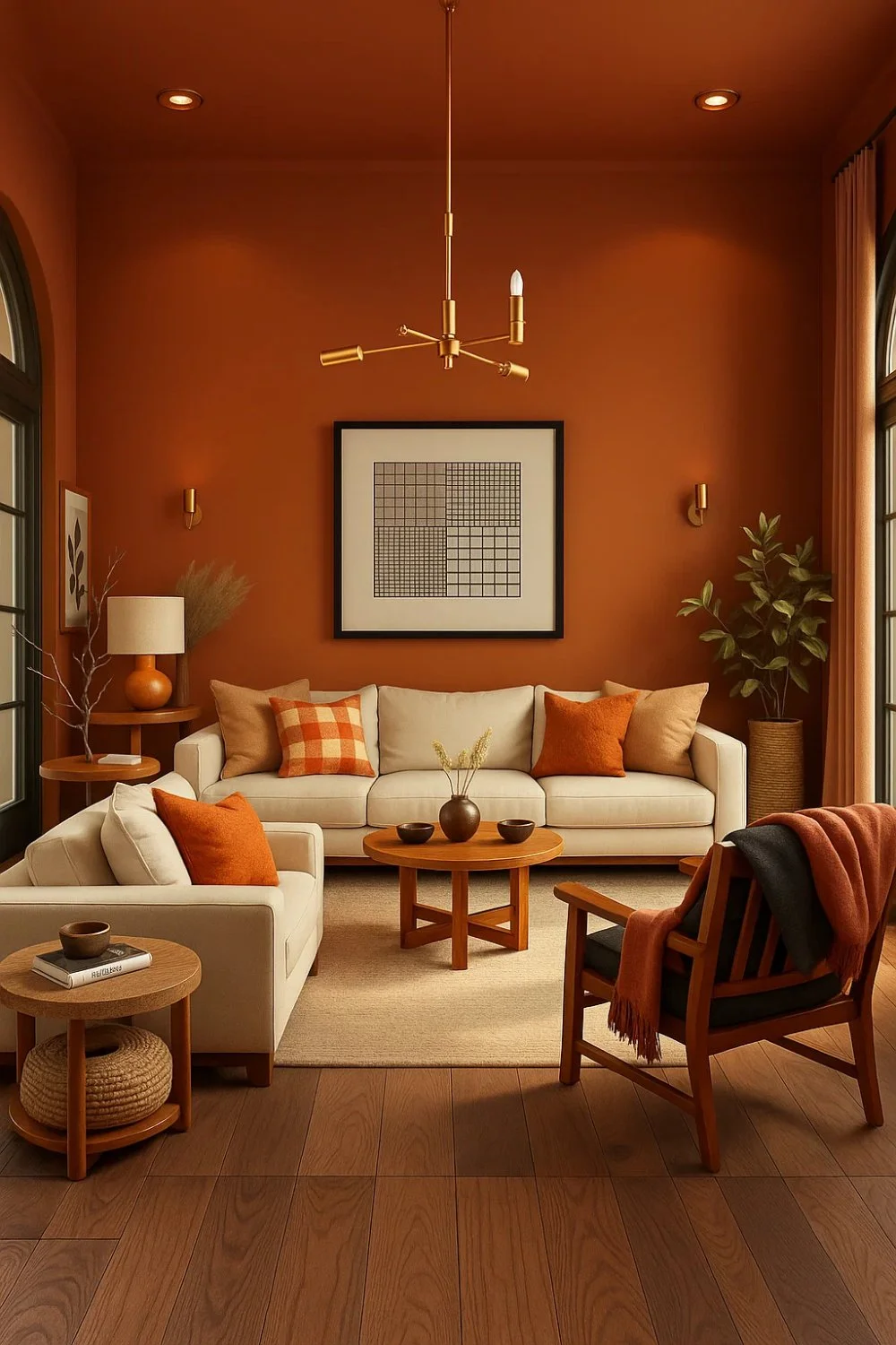 Cozy modern living room with soft orange walls, beige sofa, and brass accents for a warm, balanced look.