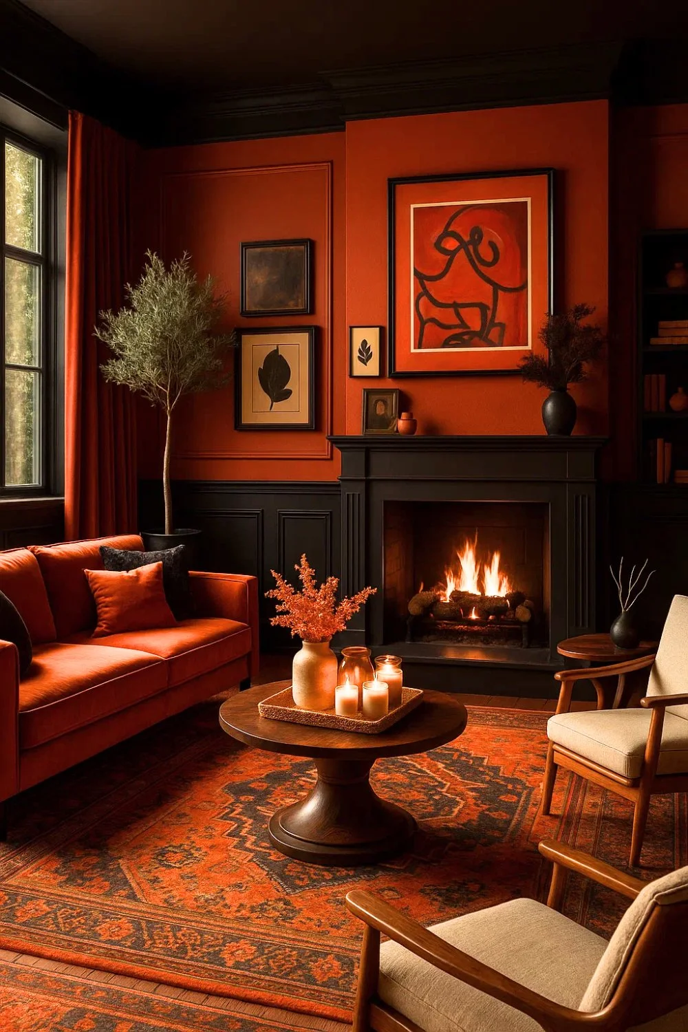 Elegant living room with deep orange walls, dark trim, fireplace, and a richly patterned rug.