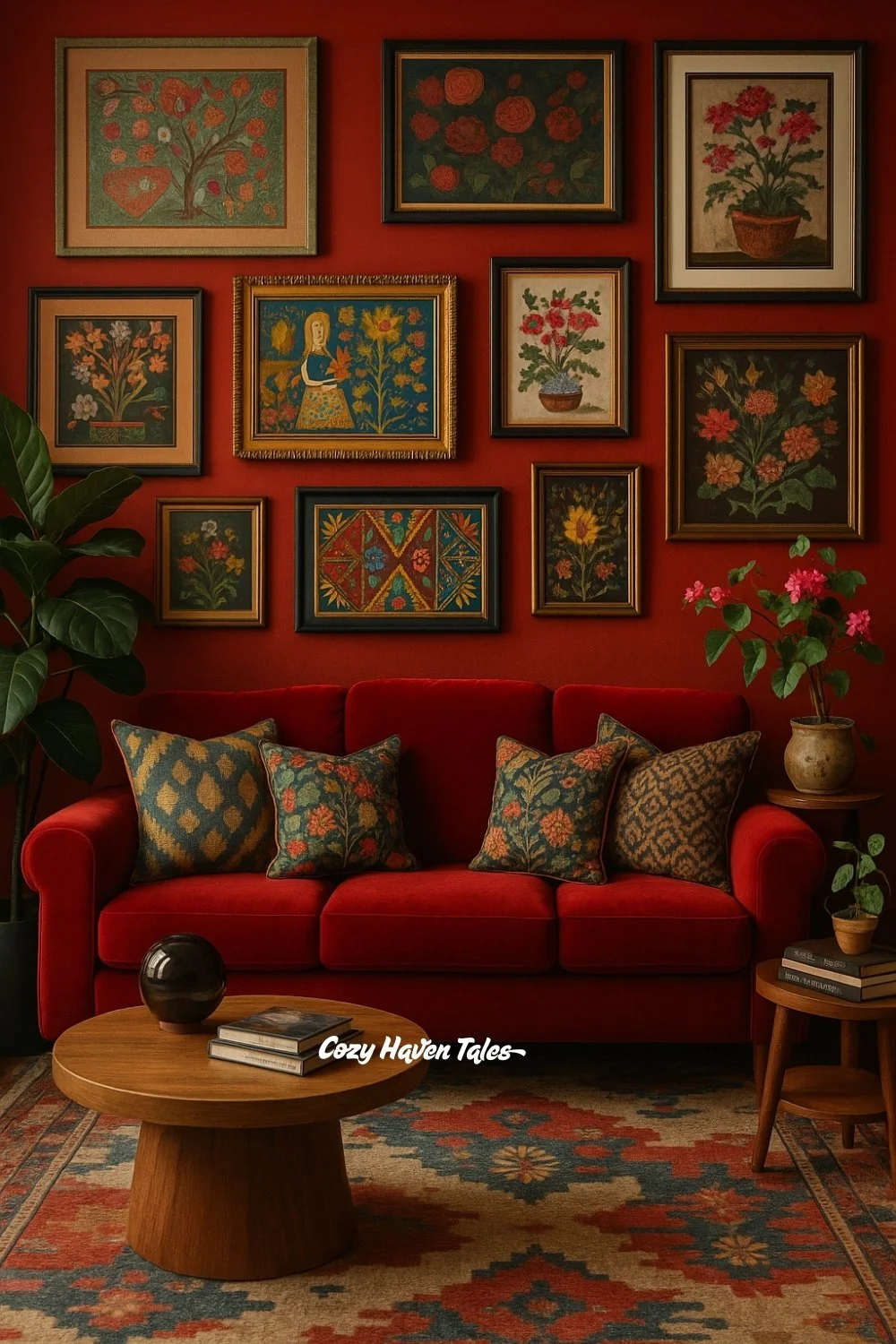 Deep red walls with a matching velvet sofa, patterned cushions, and a gallery wall of vintage floral artwork in an eclectic living room.