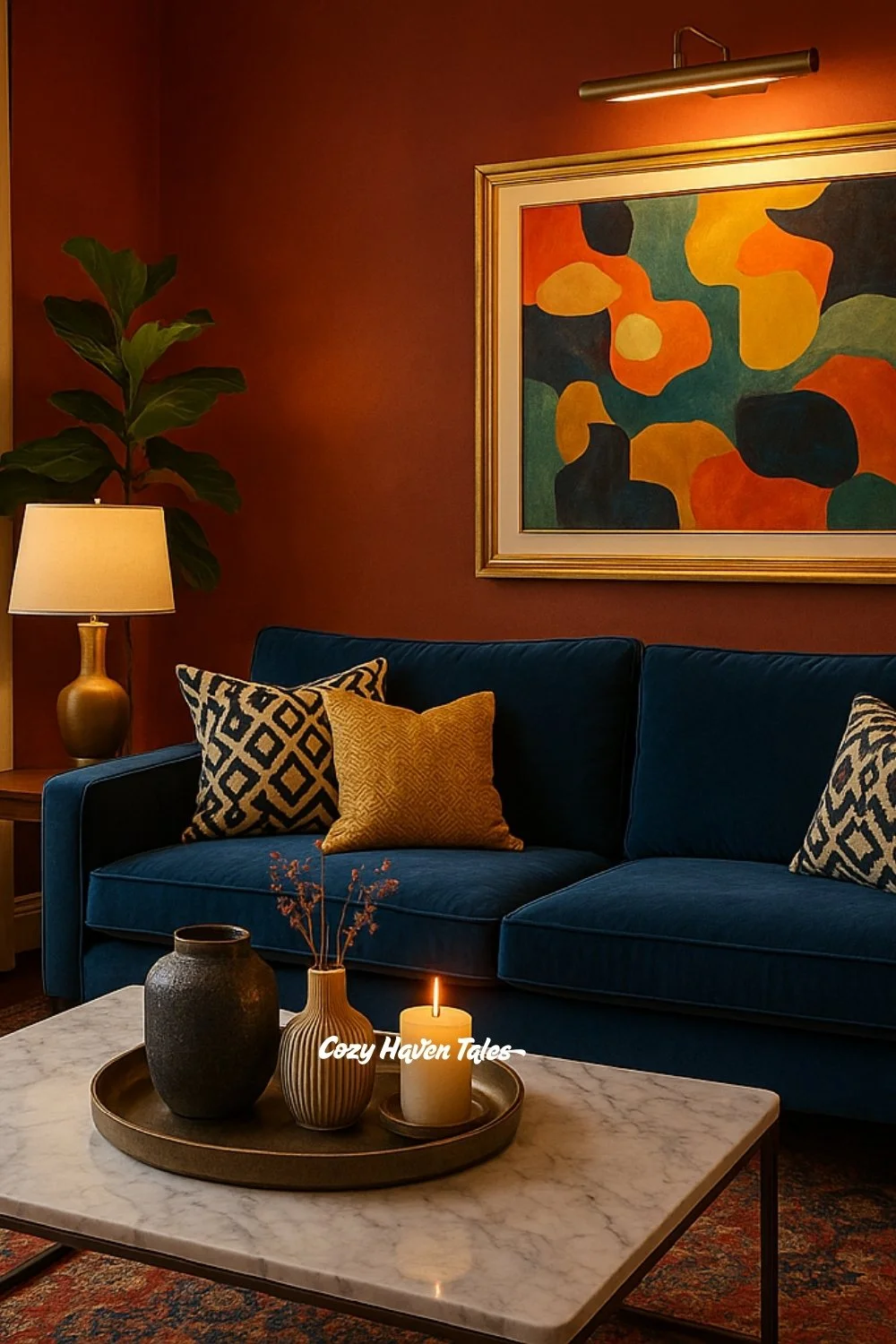 Burnt red walls paired with a navy sofa, gold lighting, and abstract artwork for a modern, stylish living room look.