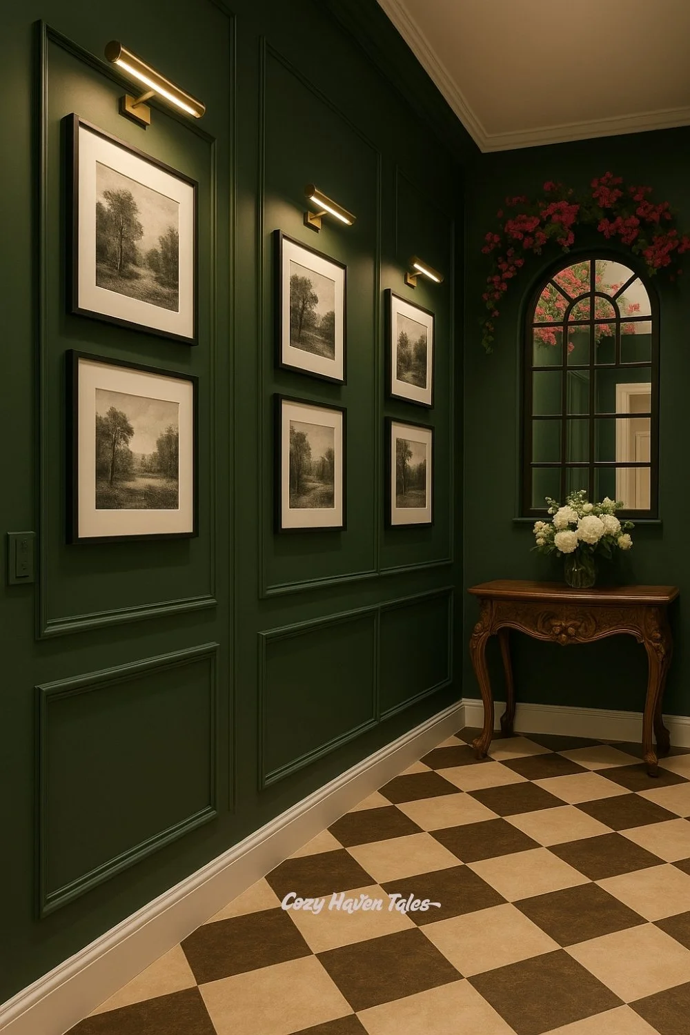 Deep green paneled entryway wall with black-and-white sketches, brass lighting, and a carved wooden console table.