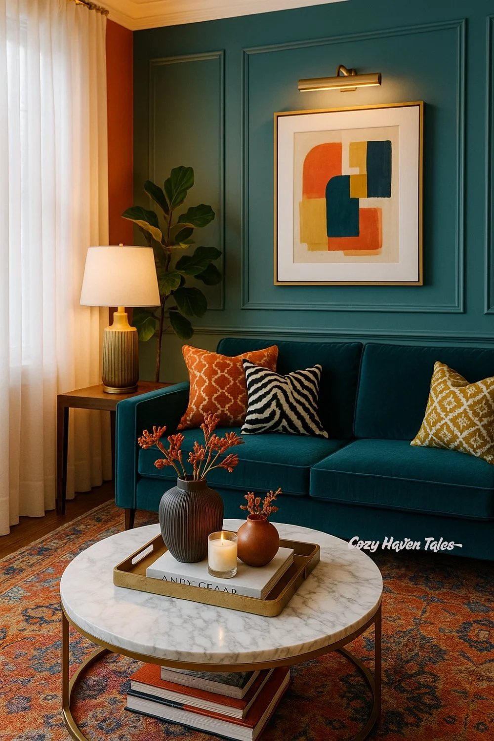 Teal green wall with a matching sofa, patterned cushions, and abstract artwork in a modern living room.