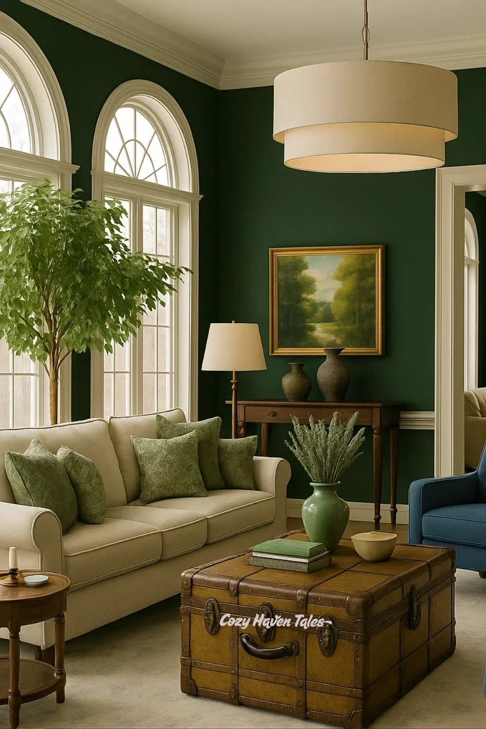 Olive green walls with beige sofas, navy armchairs, a vintage trunk coffee table, and classic landscape artwork.