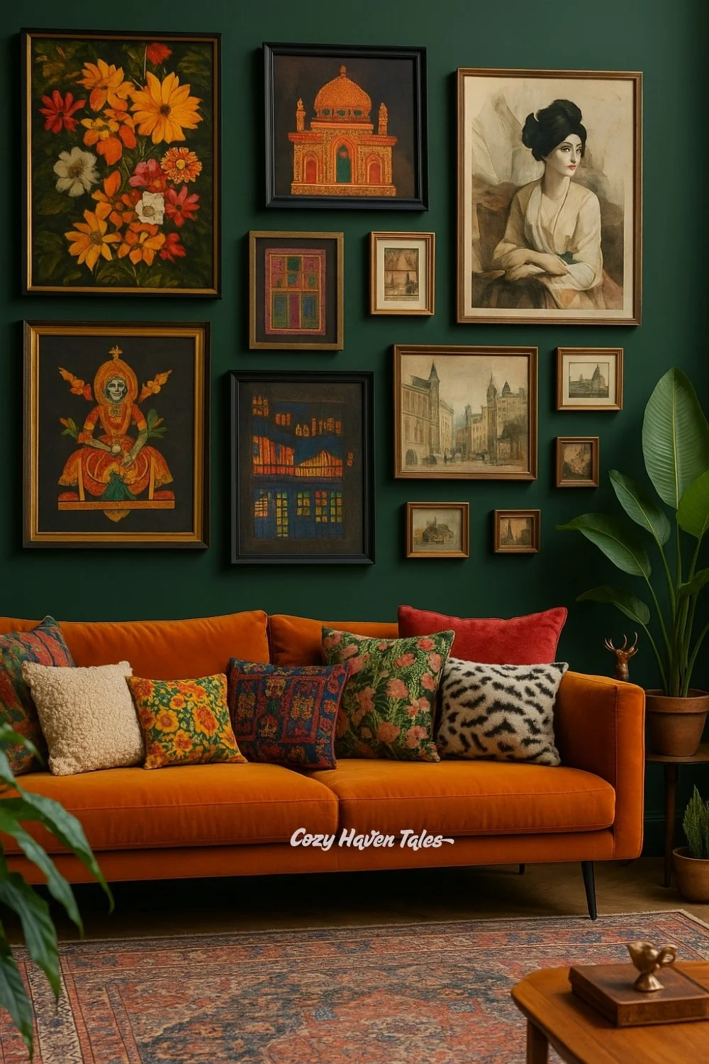 Forest green wall with a burnt orange velvet sofa and a layered gallery wall of portraits and Indian-inspired artwork.