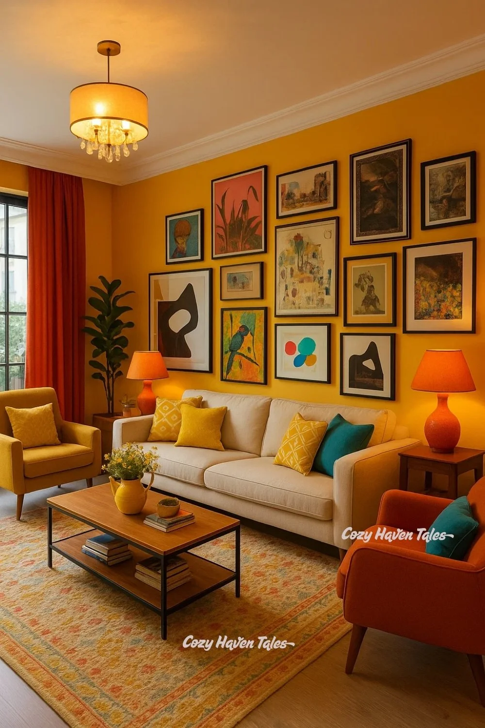 A cheerful living room with yellow walls, a colorful gallery wall, beige sofa with teal and orange cushions, and a warm orange armchair.