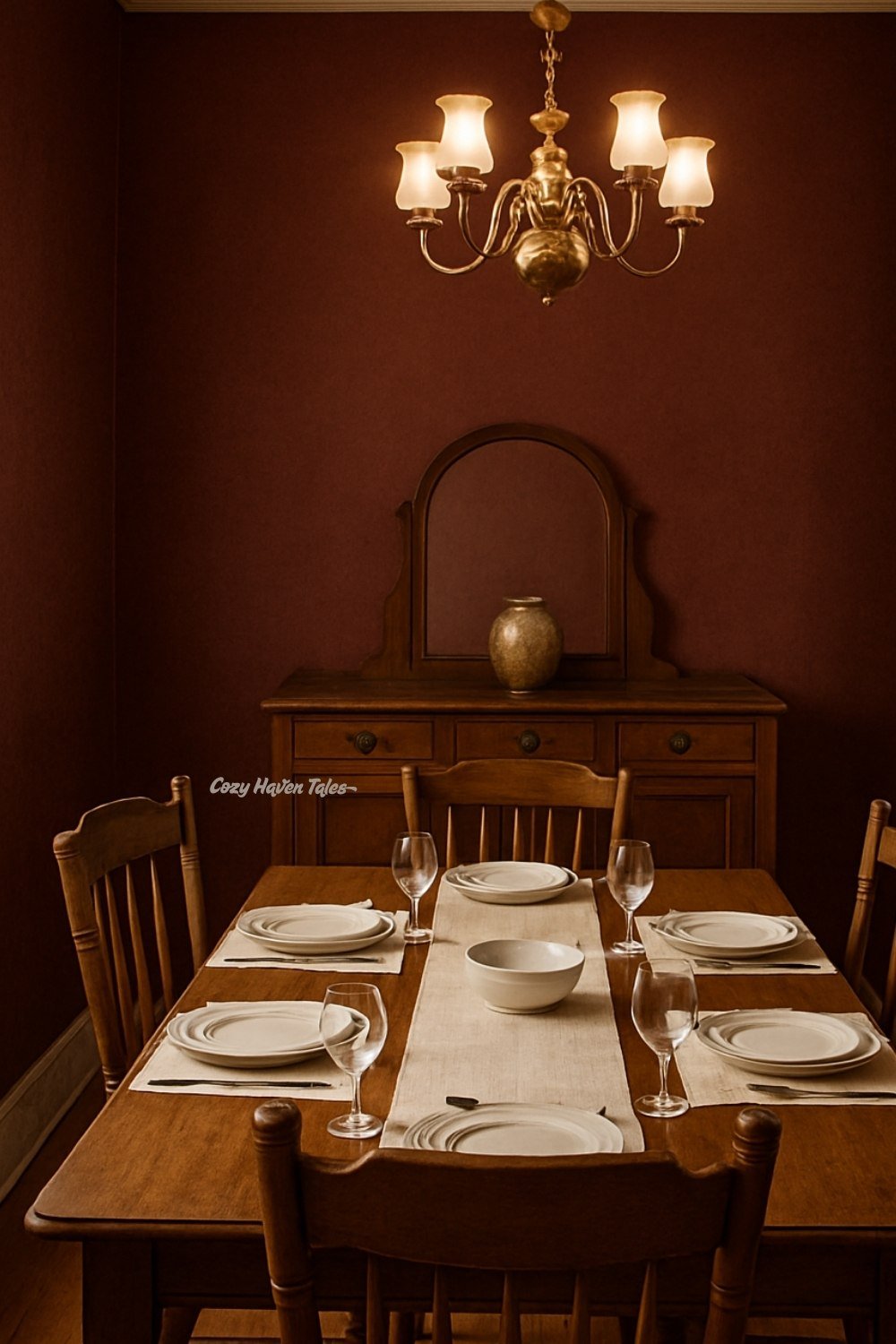 A formal dining room painted in deep maroon with classic wooden furniture and chandelier lighting—showing a color that can feel heavy to buyers.