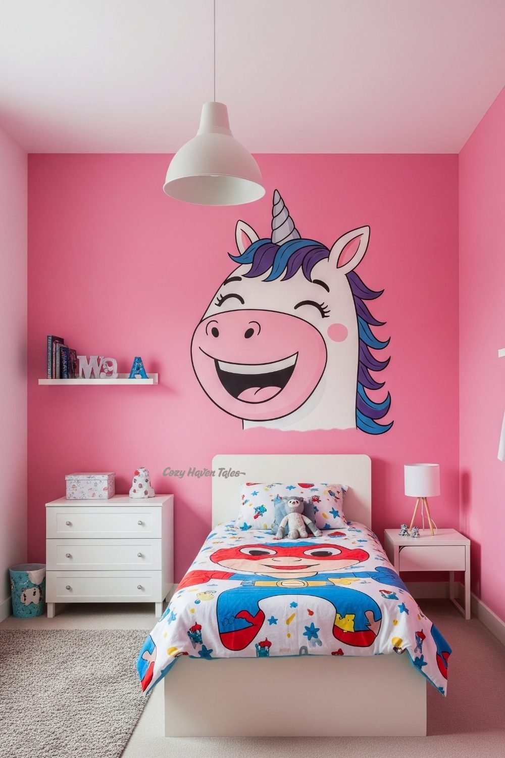 A children’s bedroom with a bold pink wall and a large unicorn mural above a white bed with colorful bedding.