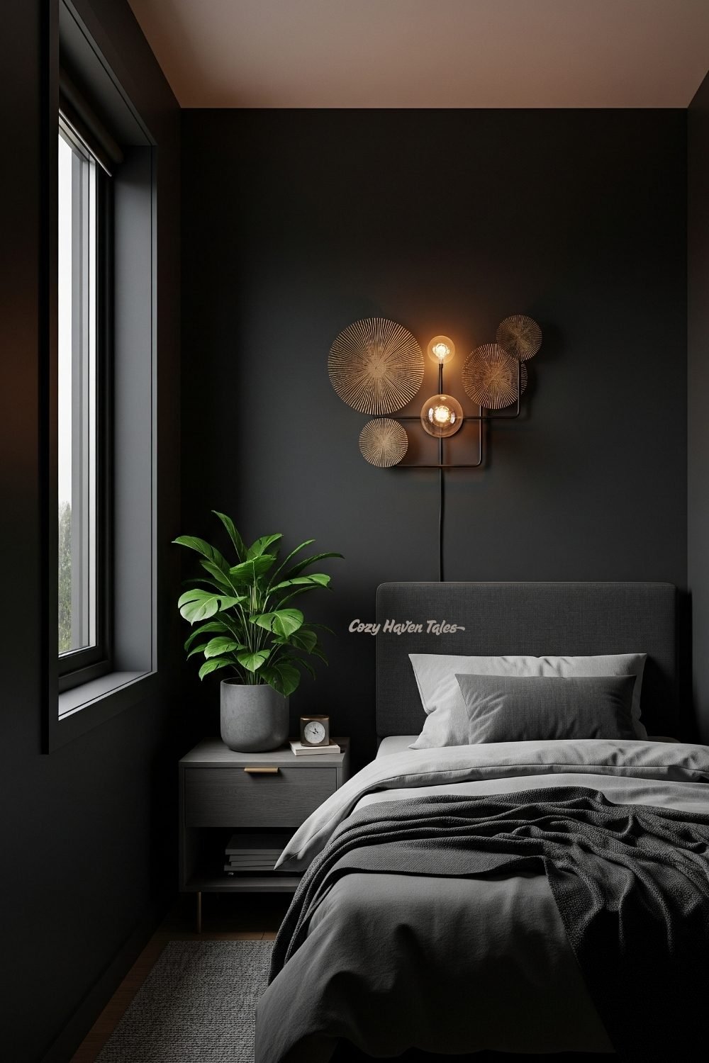 A stylish bedroom with black walls and modern decor—demonstrating a dramatic look that may not appeal to home buyers during resale.