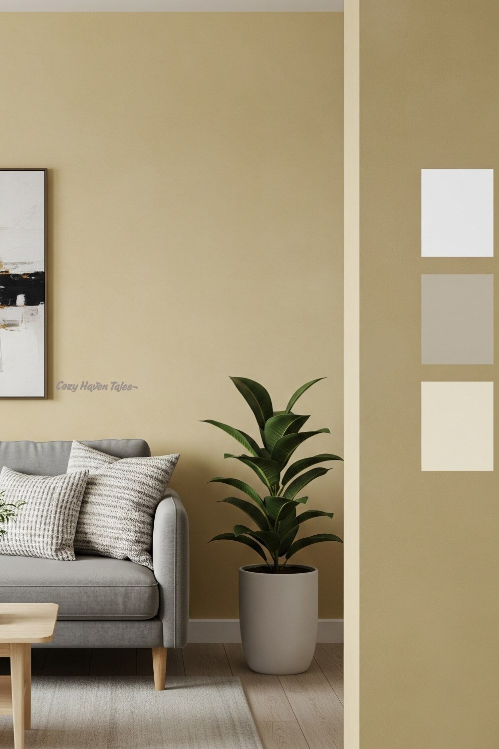 A neutral-toned living room with yellow-beige walls, a gray sofa, indoor plants, and modern decor accents.