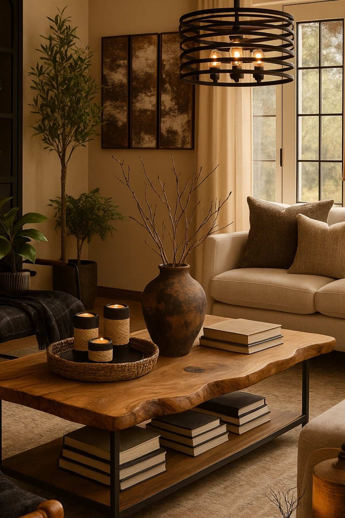 Warm rustic home decor setup featuring a live-edge wood coffee table, earthy vases, neutral-toned pillows, a faux plant, and soft pendant lighting.