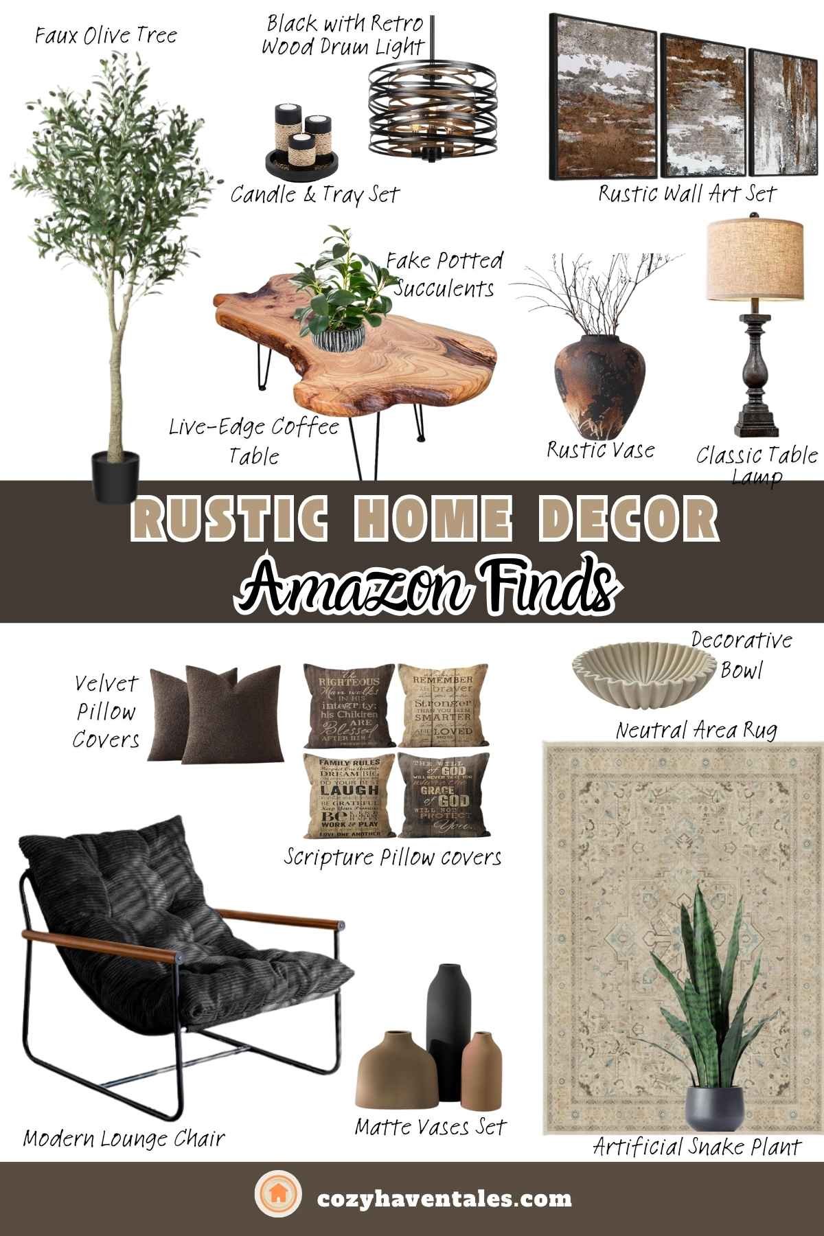 A moodboard featuring 15 rustic home decor Amazon finds including wood furniture, earthy vases, a faux olive tree, cozy pillows, and lighting.