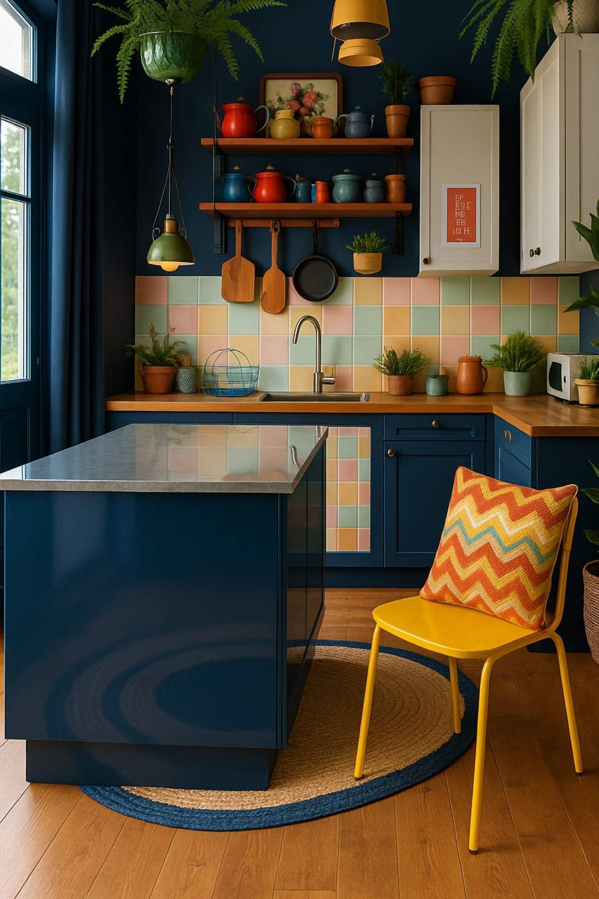 Dark teal kitchen with pastel tile backsplash, mustard chair, and warm wood accents.