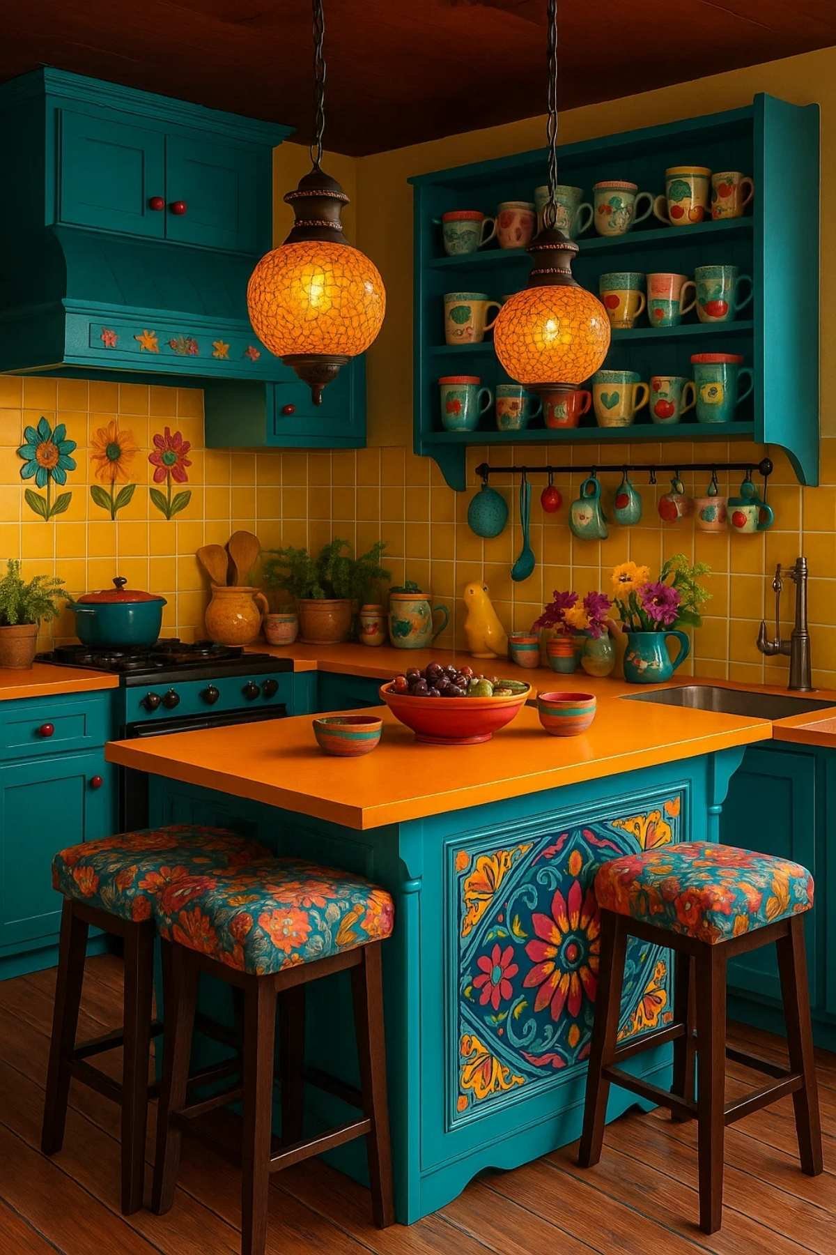 Colorful maximalist kitchen with teal cabinets, yellow backsplash, floral hand-painted island, and patterned stools.

