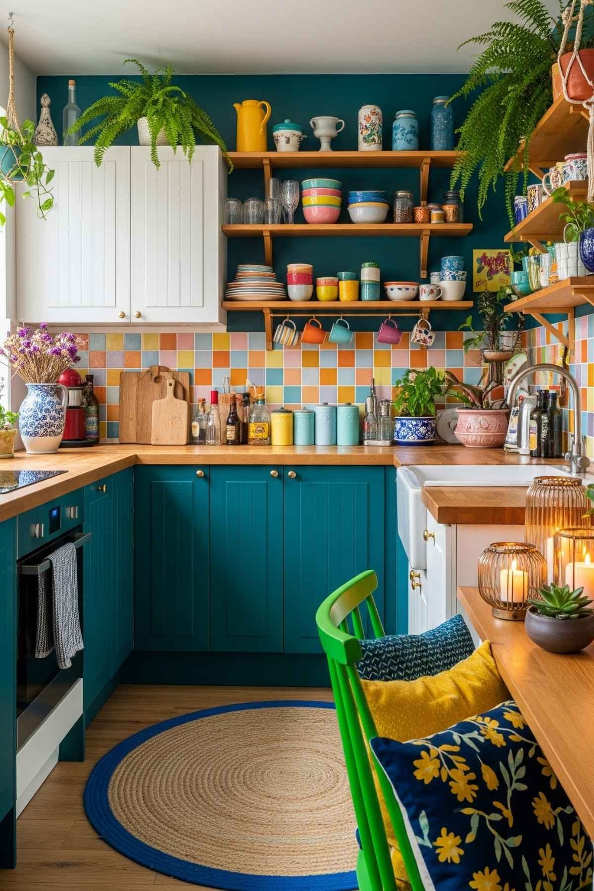 White and teal kitchen with pastel multicolor backsplash and patterned cushions.