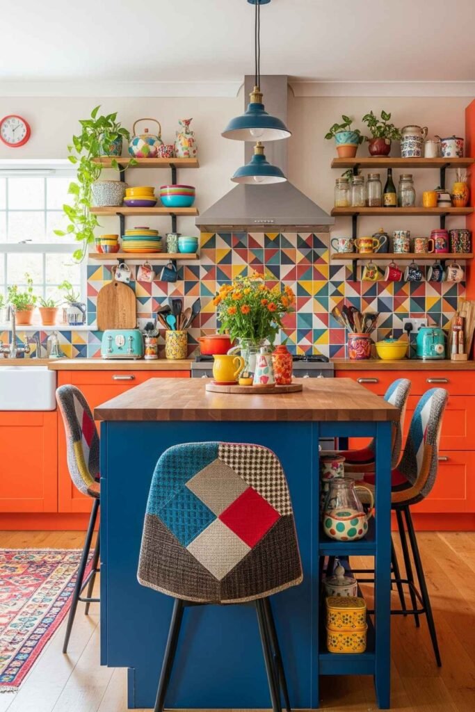 Orange and blue kitchen with eclectic patterned backsplash and stools.