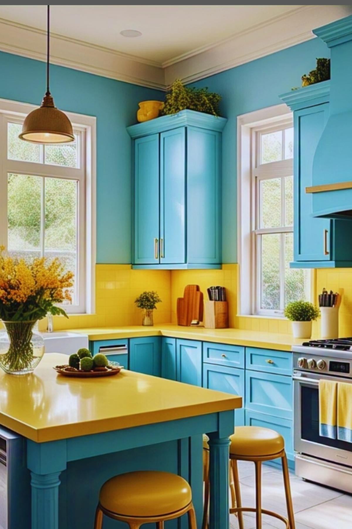 Sky-blue kitchen cabinets with yellow backsplash and sunflowers.