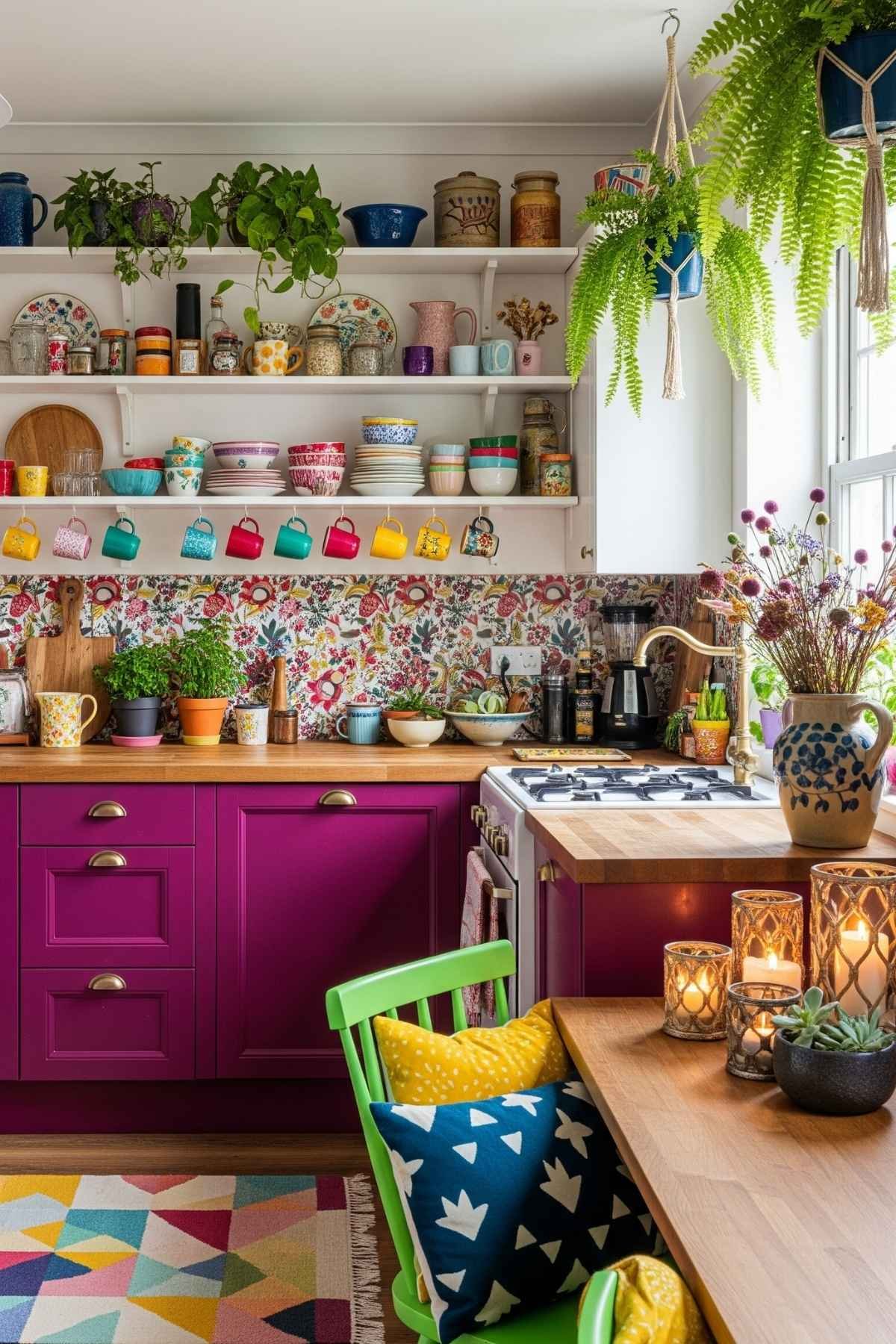 Colorful maximalist kitchen with magenta cabinets, patterned tile backsplash, and lush green plants.